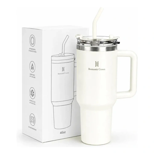 Copo Térmico Romantic Crown 1,2l Inox Com Tampa E Inox Canudo, Branco