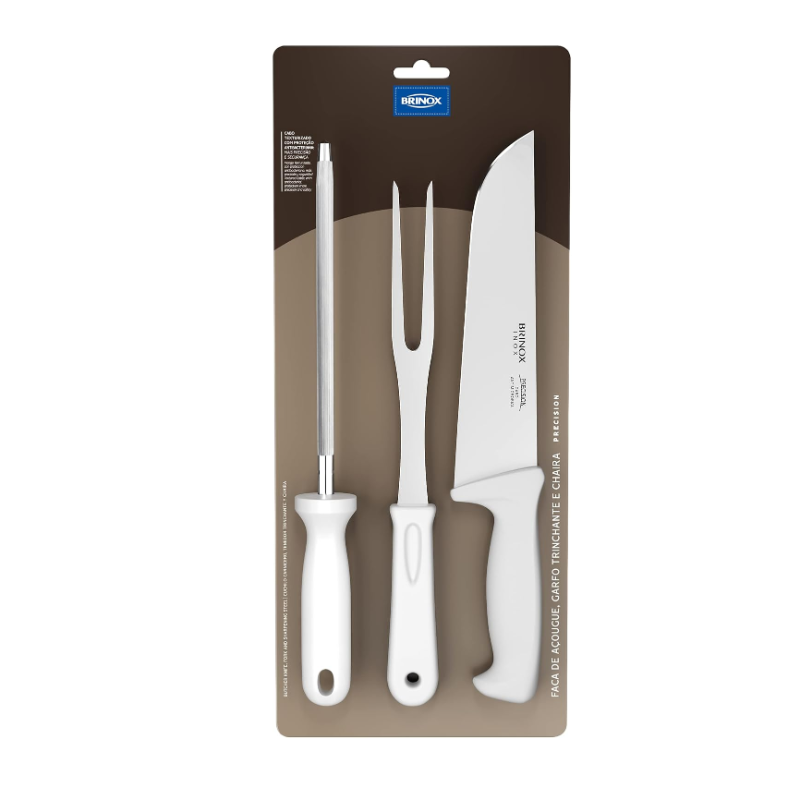 Kit Churrasco Brinox 3 peças, faca, garfo trinchante e chaira, Linha Precision