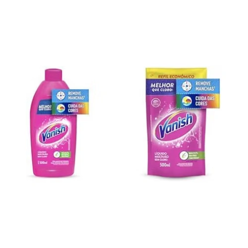 Tira Manchas Líquido Vanish Multiuso para Roupas Coloridas 500ml + Refil 500ml