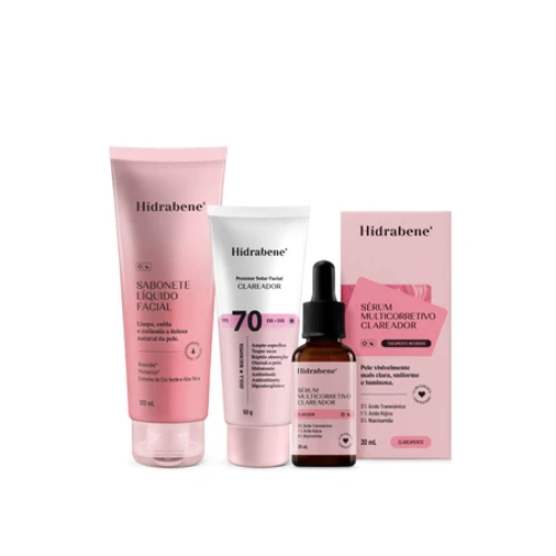 Kit Clareador Facial Hidrabene Sabonete Líquido + Protetor Solar 70 FPS + Sérum Multicorretivo