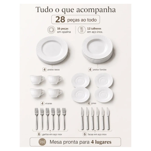 Aparelho de Jantar 28 Peças Planeta Andrômeda Talheres Lisa Porcelana Schmidt Oxford